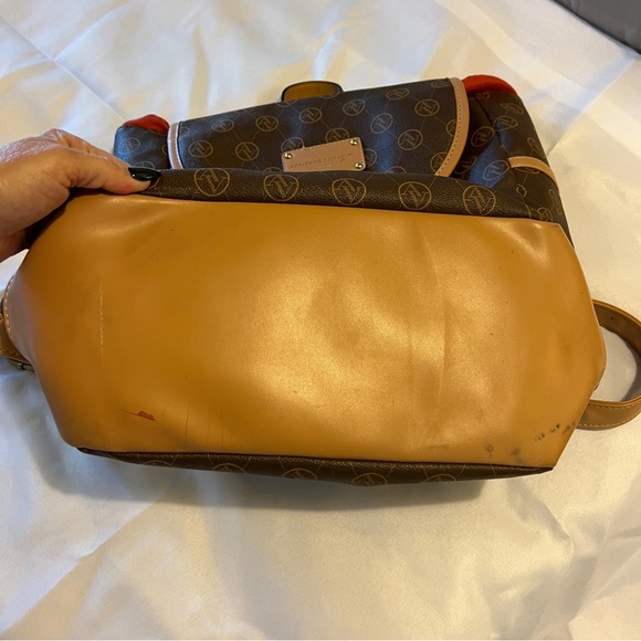 Adrienne Vittadini Brown and Tan Backpack with Orange‎ Trim Drawstring, Magnetic - Picture 6 of 13